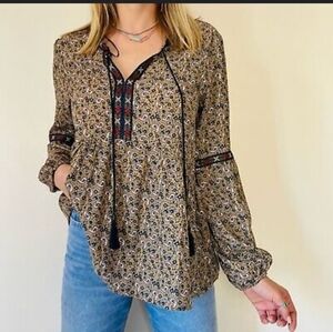 Alchemy Thread Tan And Navy Blue Paisley Boho Peasant Top Women's Size Small